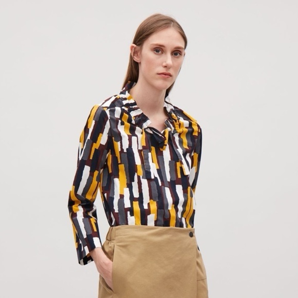COS Multicolor Geometric Print Long Sleeve Ruffle Tie Neck Relaxed Blouse EU 36